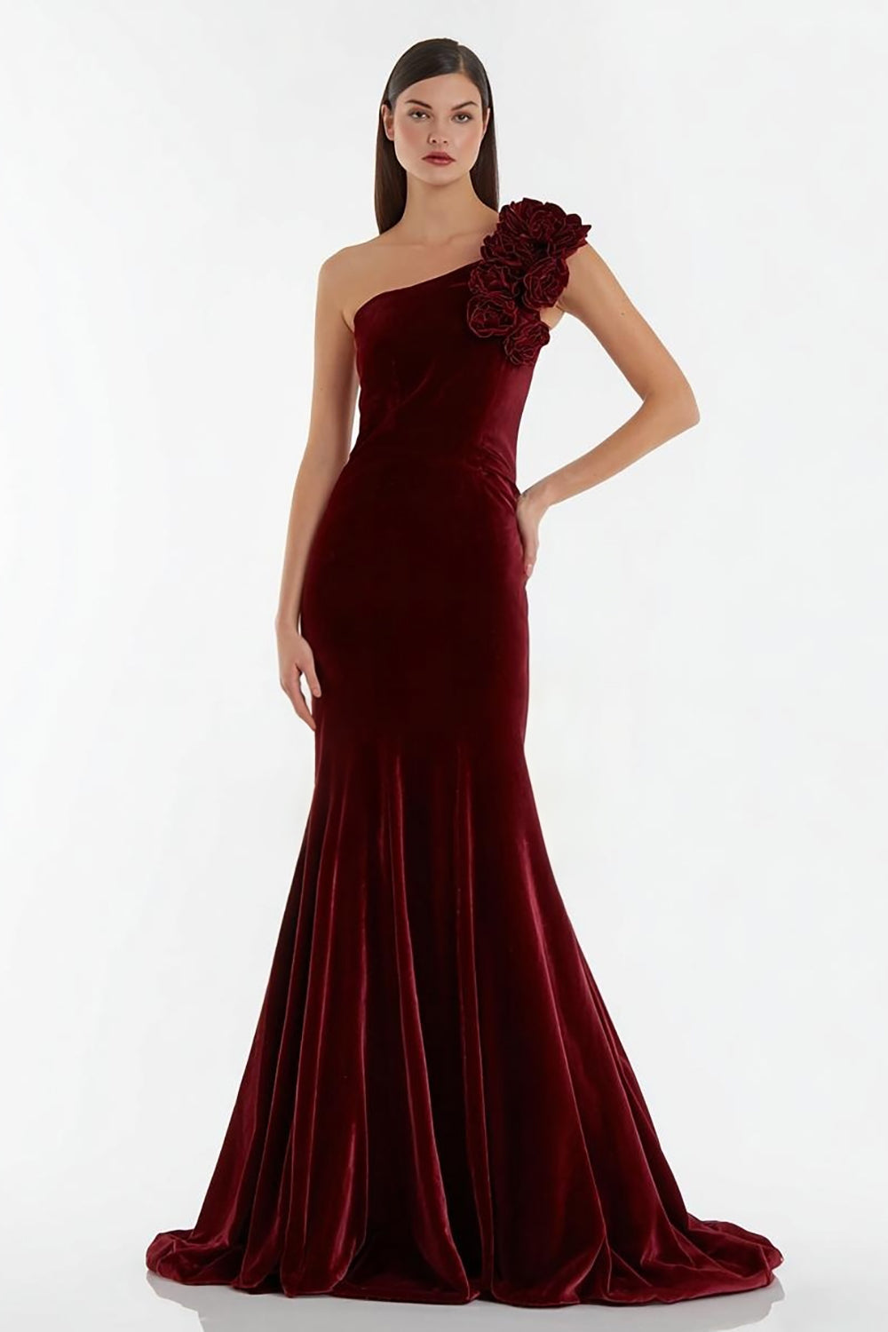 Leely Women Burgundy Velvet Maxi Holiday Party Dress with 3D Flowers One Shoulder Mermaid Formal Dress