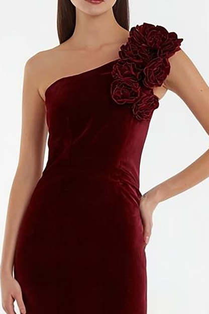 Burgundy Long Velvet Holiday Party Dress with 3D Flowers