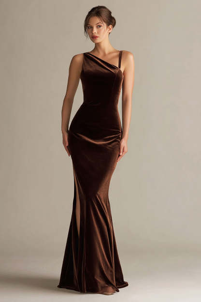 Leely Women Dark Brown Velvet Maxi Holiday Party Dress Mermaid One Shoulder Formal Dress
