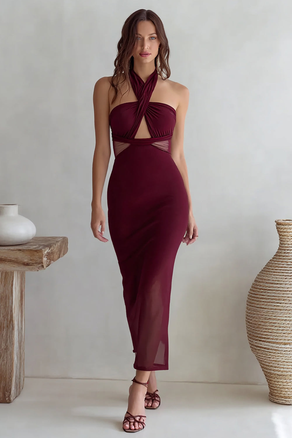 Leely Women Burgundy Long Wedding Guest Dress Keyhole Halter Neck Sheath Semi Formal Dress