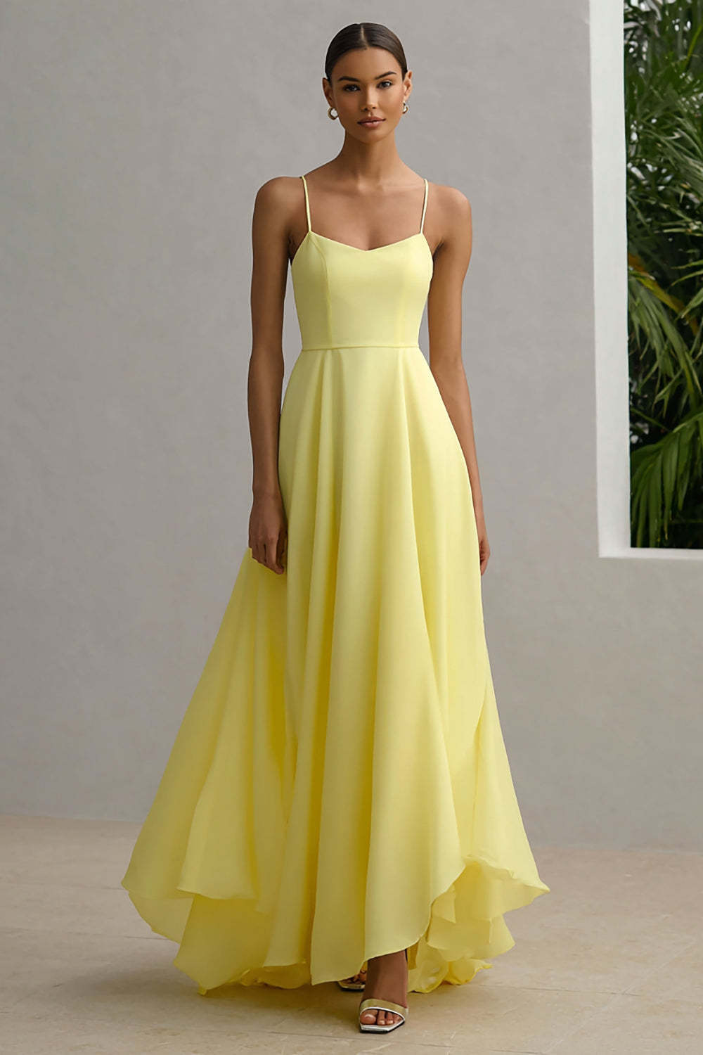 Leely Women Daffodil Maxi Wedding Guest Dress A-Line Spaghetti Straps Bridesmaid Dress