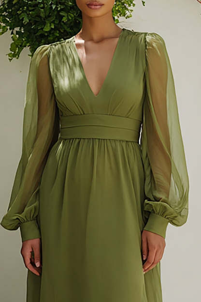 A-Line Olive Long Sleeves Wedding Guest Dress