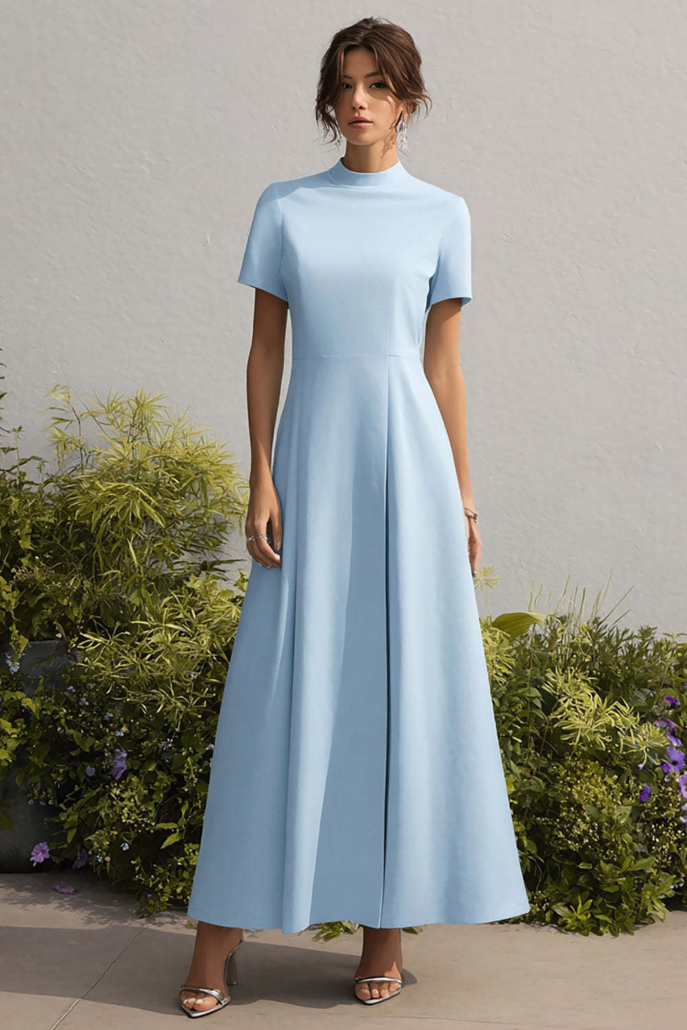 Leely Women Sky Blue Long A-Line Wedding Guest Dress High Neck Short Sleeves Formal Dress