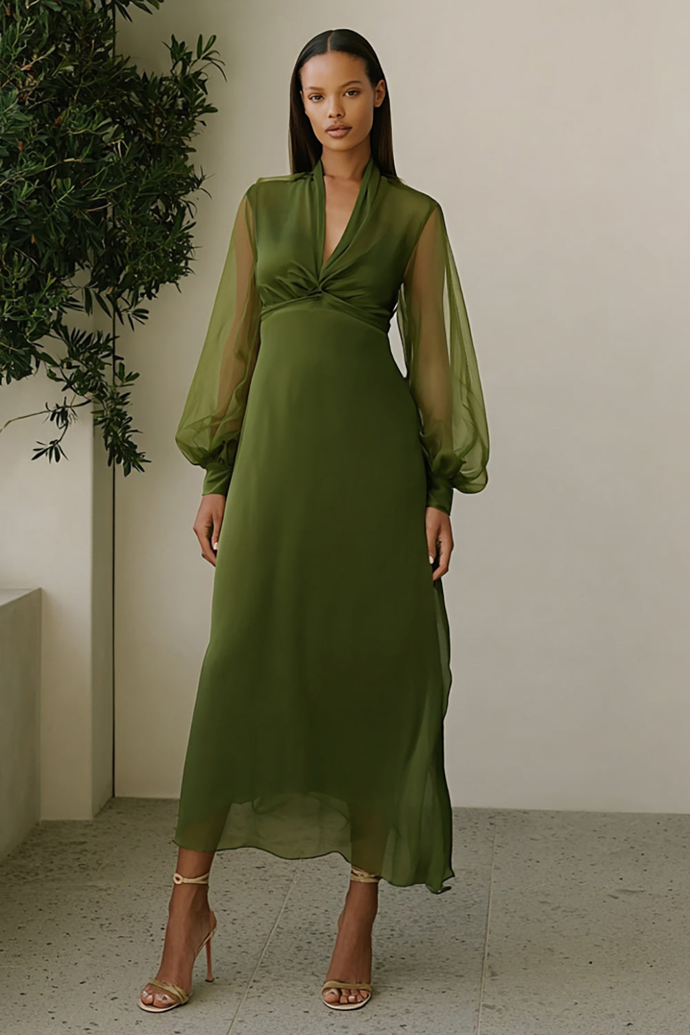 Leely Women Olive V-Neck Maxi Wedding Guest Dress Long Sleeves A-Line Bridesmaid Dress