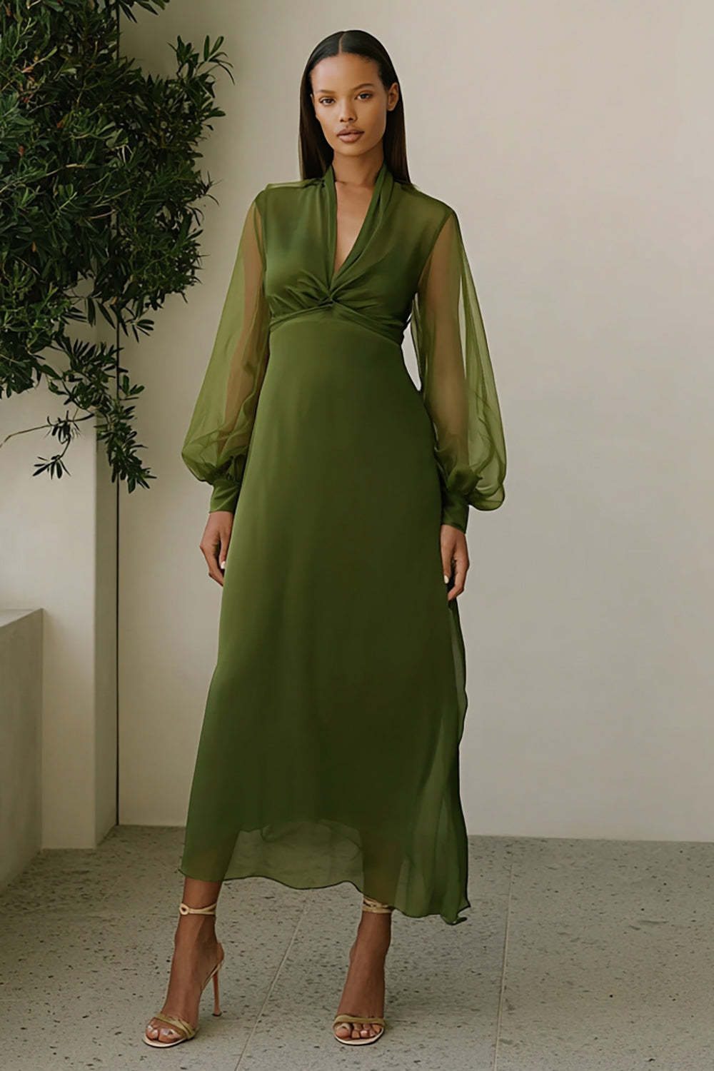 Leely Women Olive V-Neck Maxi Wedding Guest Dress Long Sleeves A-Line Bridesmaid Dress