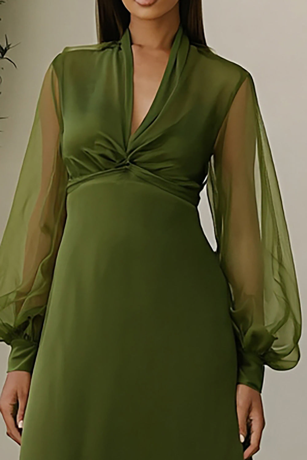 A-Line V-Neck Long Olive Wedding Guest Dress