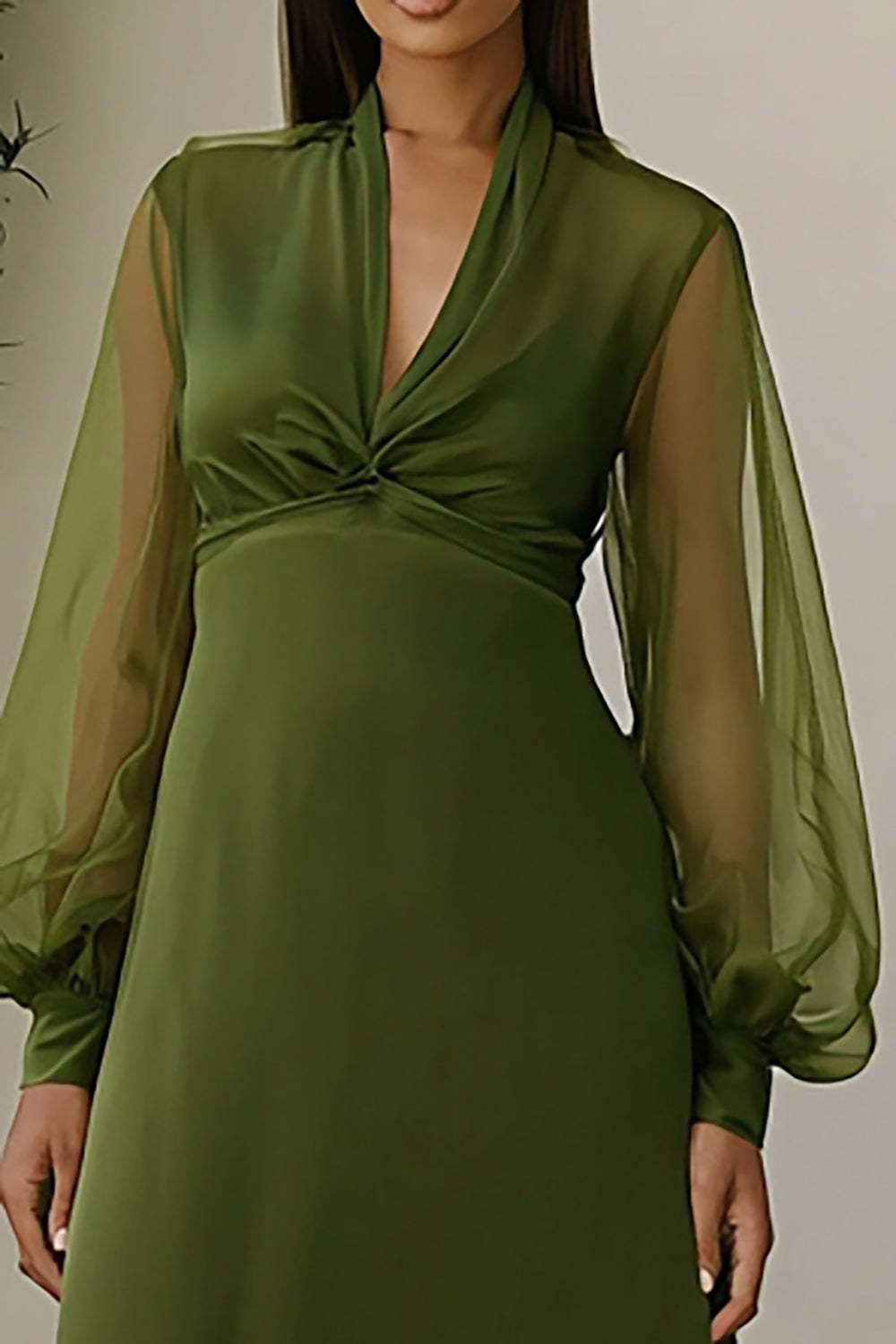 A-Line V-Neck Long Olive Wedding Guest Dress