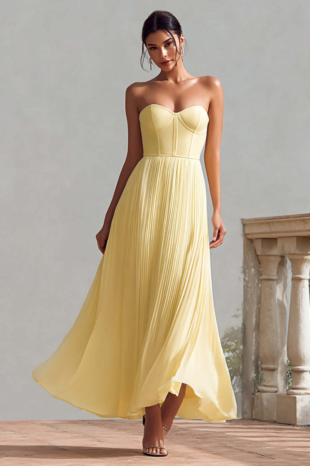 Leely Women Daffodil Sweetheart Corset Long Wedding Guest Dress Chiffon A-Line Bridesmaid Dress