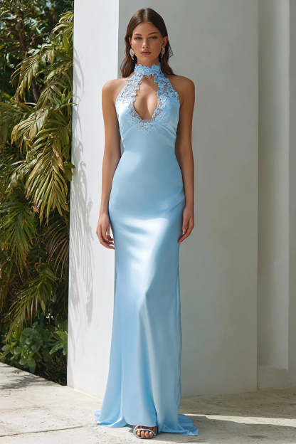 Leely Women Sky Blue Mermaid Long Wedding Guest Dress Keyhole Halter Neck Formal Dress with Lace