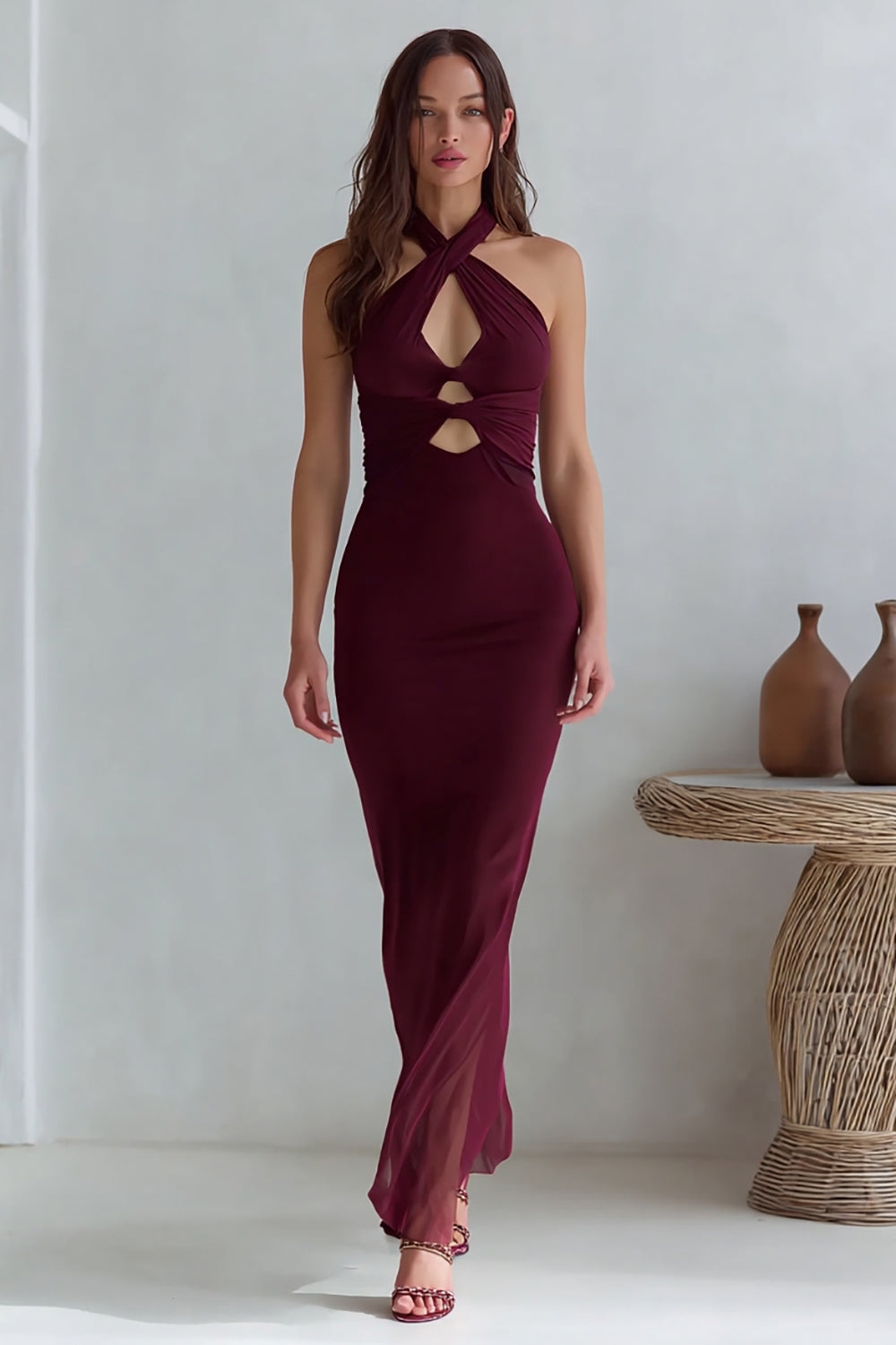 Leely Women Burgundy Maxi Wedding Guest Dress with Keyhole Cross Neck Mermaid Formal Dress