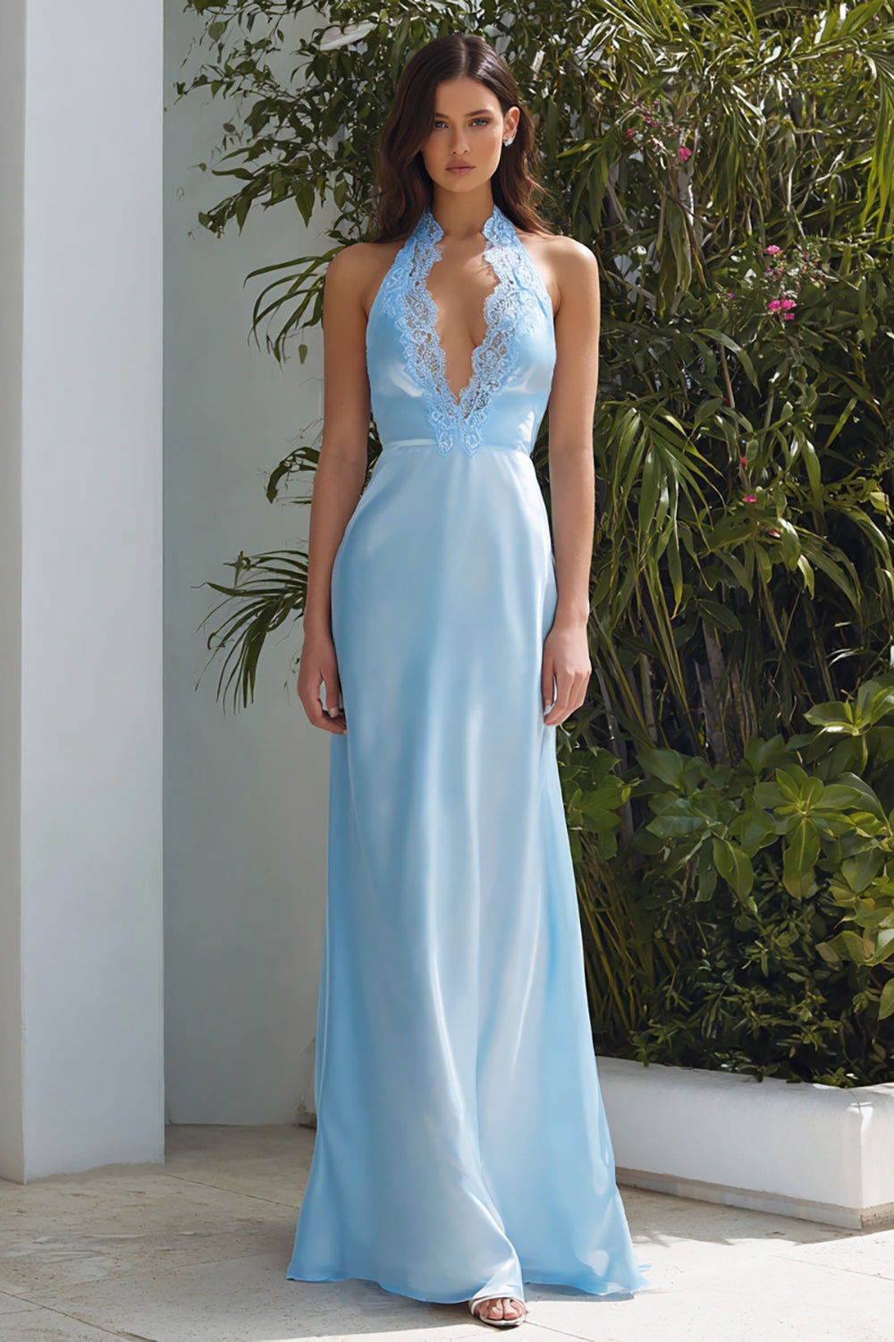Sky Blue Halter Neck Maxi Wedding Guest Dress with Lace