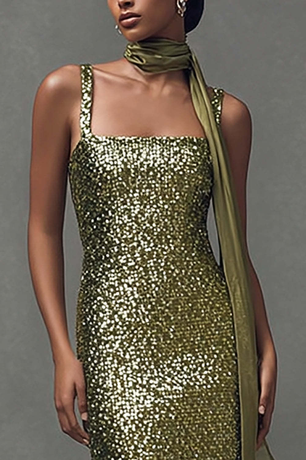 Sparkly Olive Sequin Bodycon Scarf Neck Long Holiday Party Dress