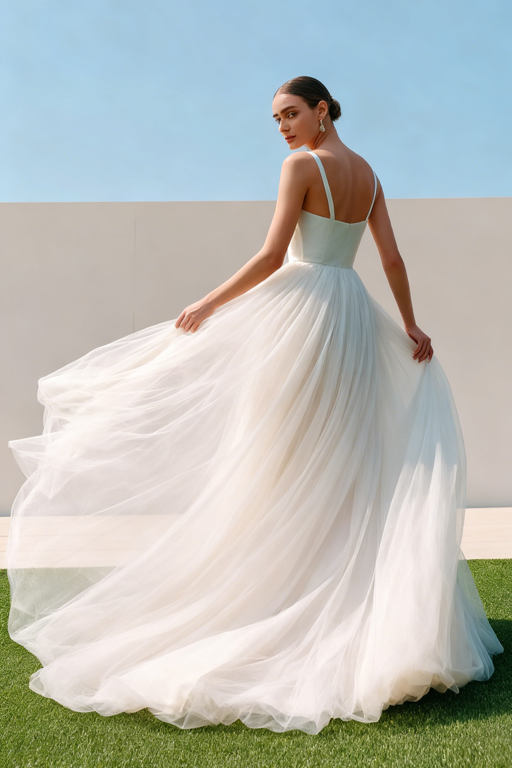 White Tulle A Line Long Engagement Dress with Pockets