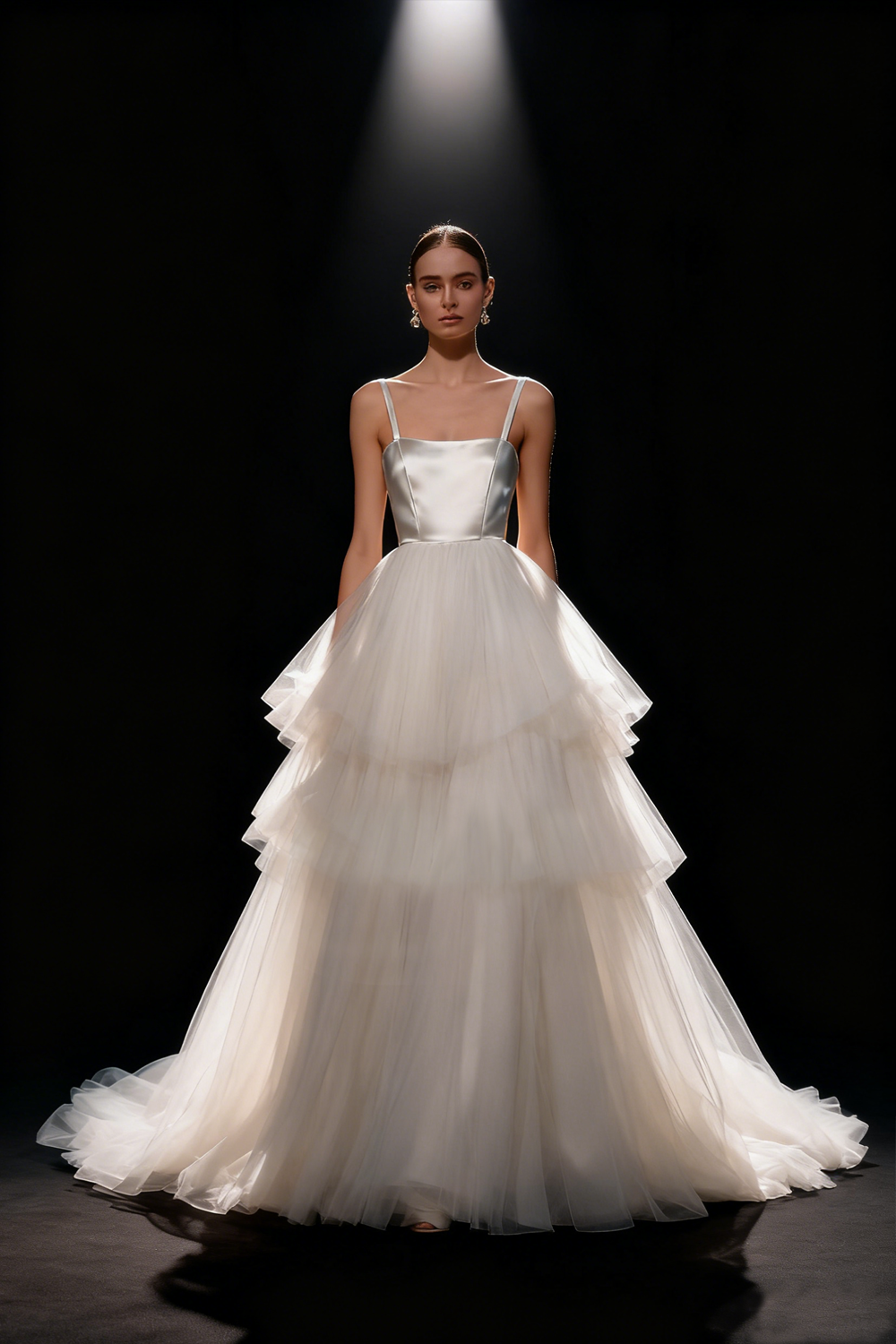 White A Line Tiered Sweep Train Wedding Dress with Tulle