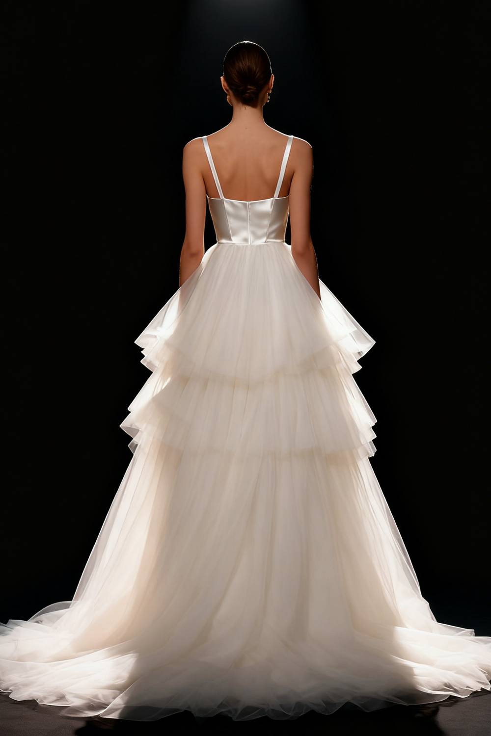 White A Line Tiered Sweep Train Wedding Dress with Tulle