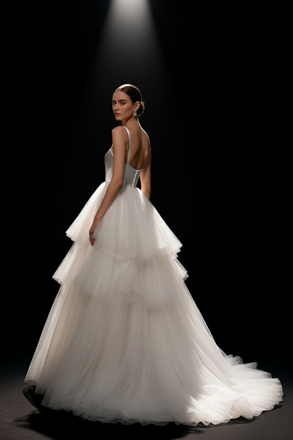 White A Line Tiered Sweep Train Wedding Dress with Tulle