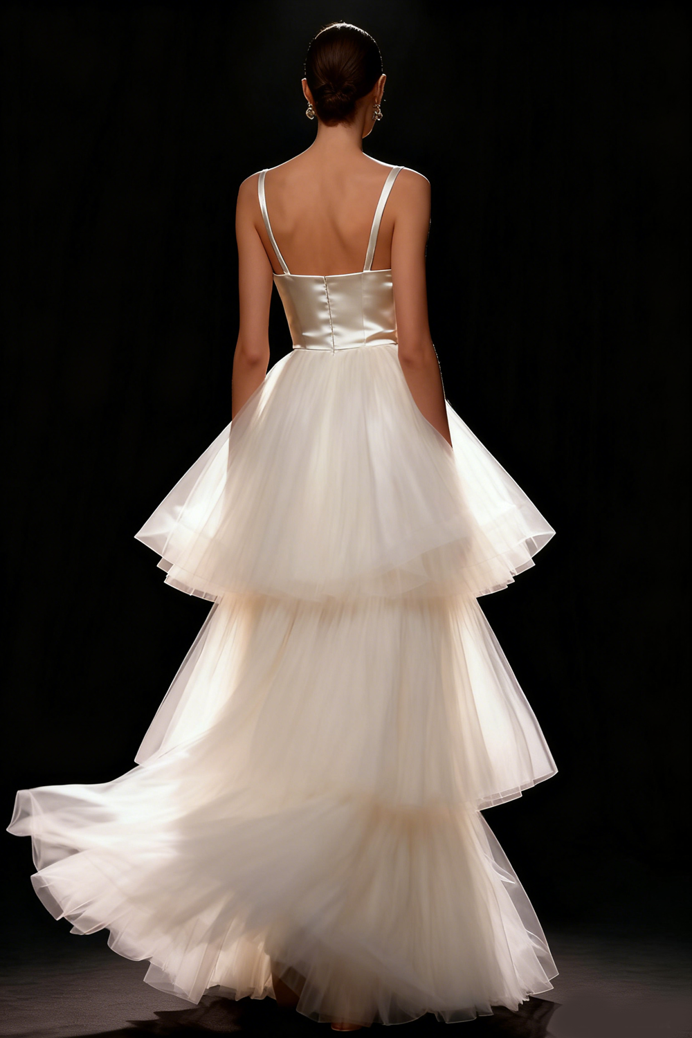 White A Line Tiered Long Bridal Dress with Tulle