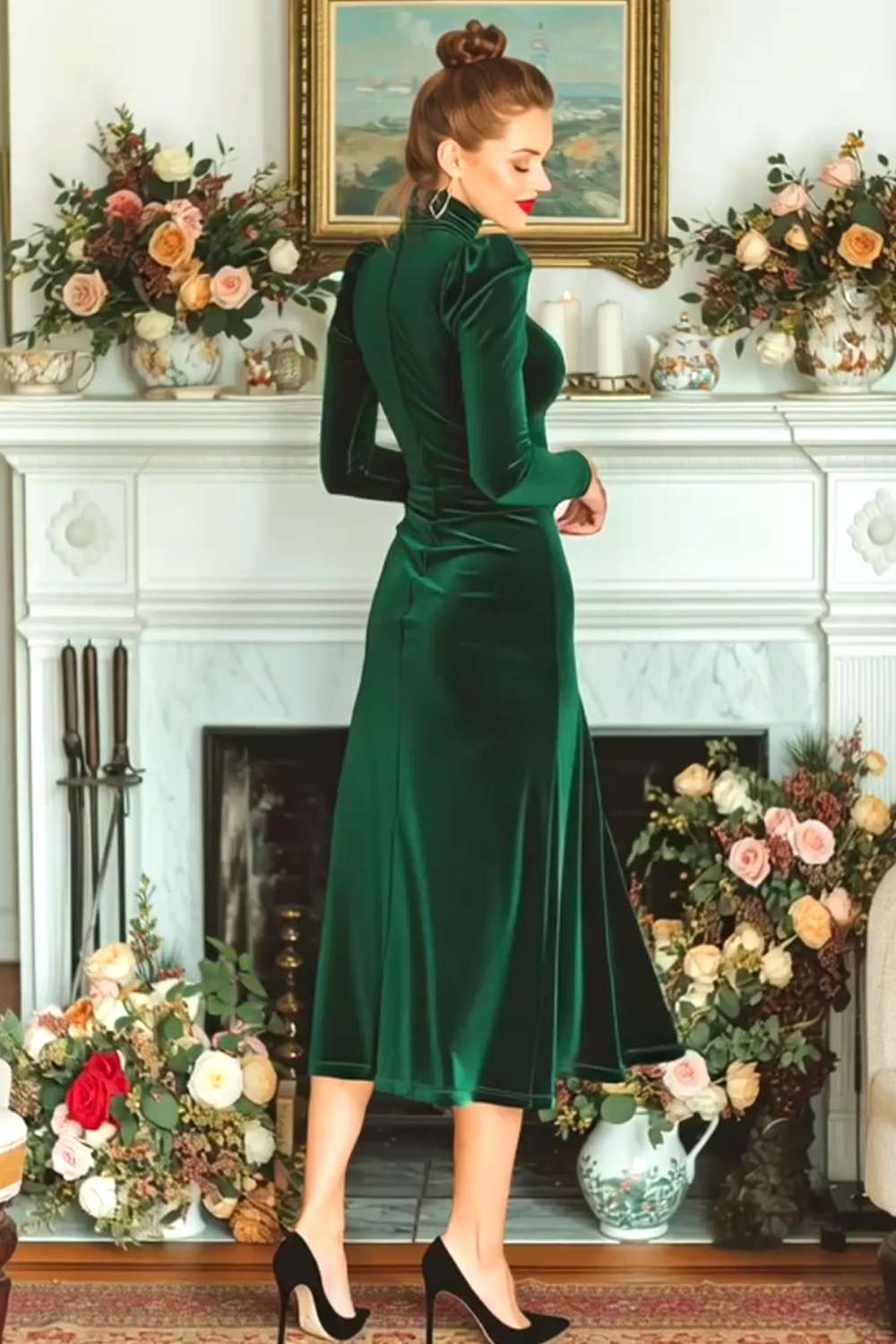 Dark Green High Neck Ruched Velvet Midi Holiday Party Dress
