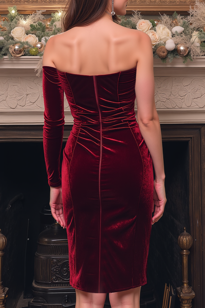 Burgundy Velvet Bodycon Ruched Short Holiday Party Dress with Slit