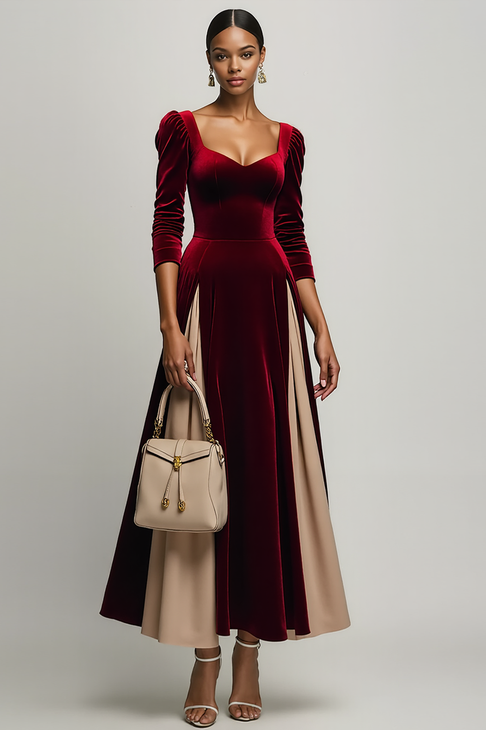 Leely Women Burgundy Patchwork Velvet Maxi Holiday Party Dress A Line Formal Dress with Sleeves
