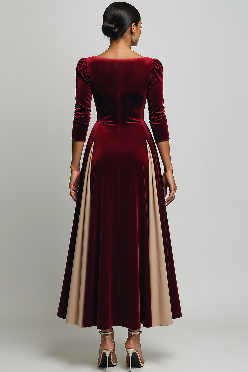 Burgundy Patchwork A Line Velvet Maxi Holiday Party Dress with Sleeves