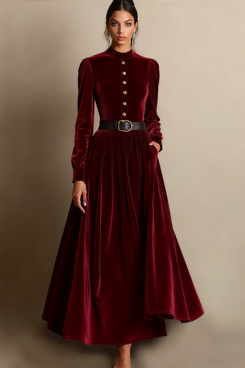 Dark Green A Line Velvet Long Holiday Party Dress with Belt