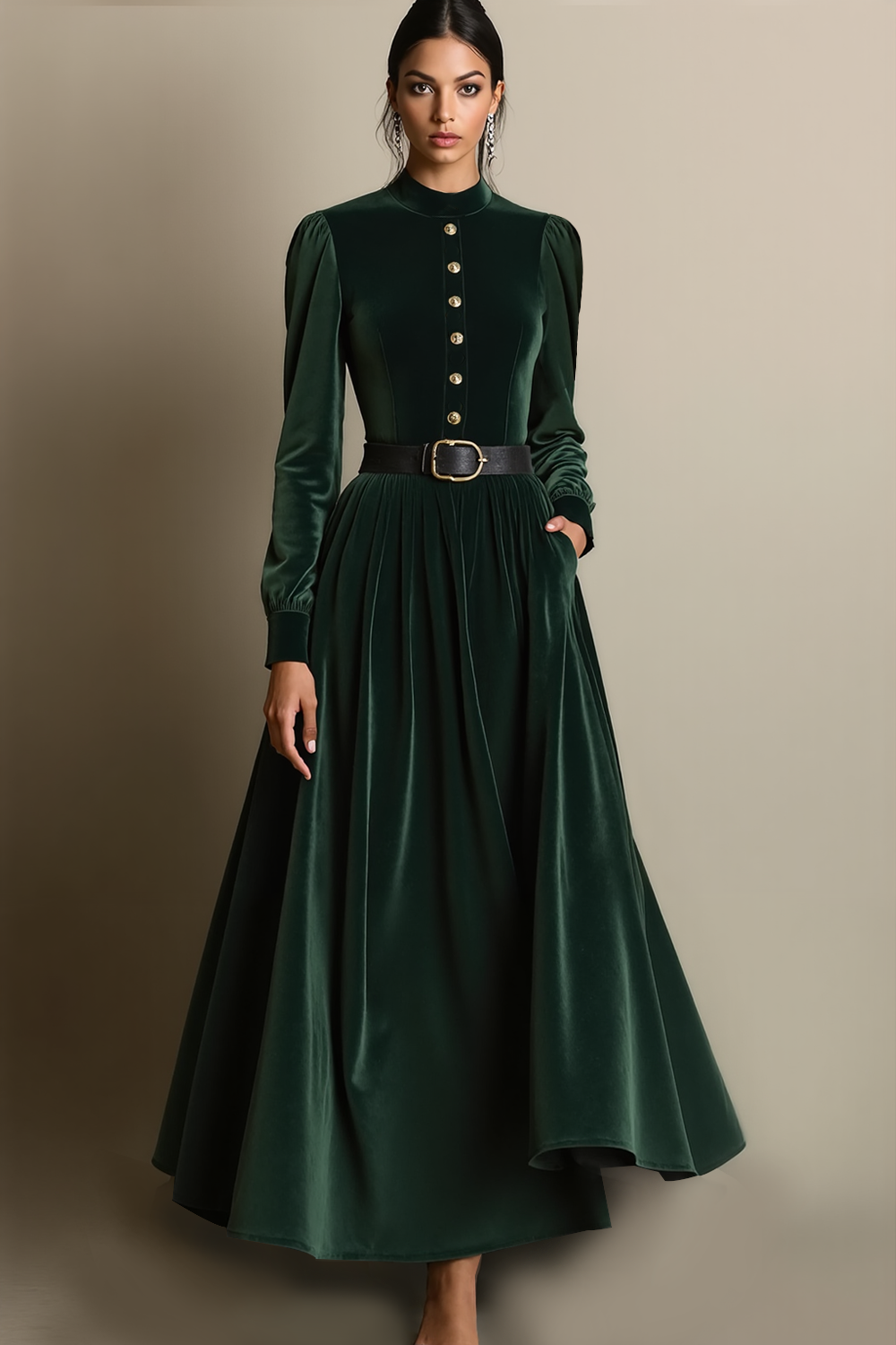 Dark Green A Line Velvet Long Holiday Party Dress with Belt