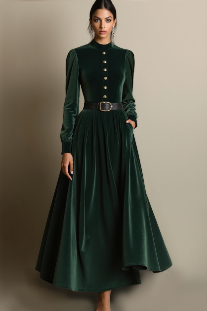 Dark Green A Line Velvet Long Holiday Party Dress with Belt