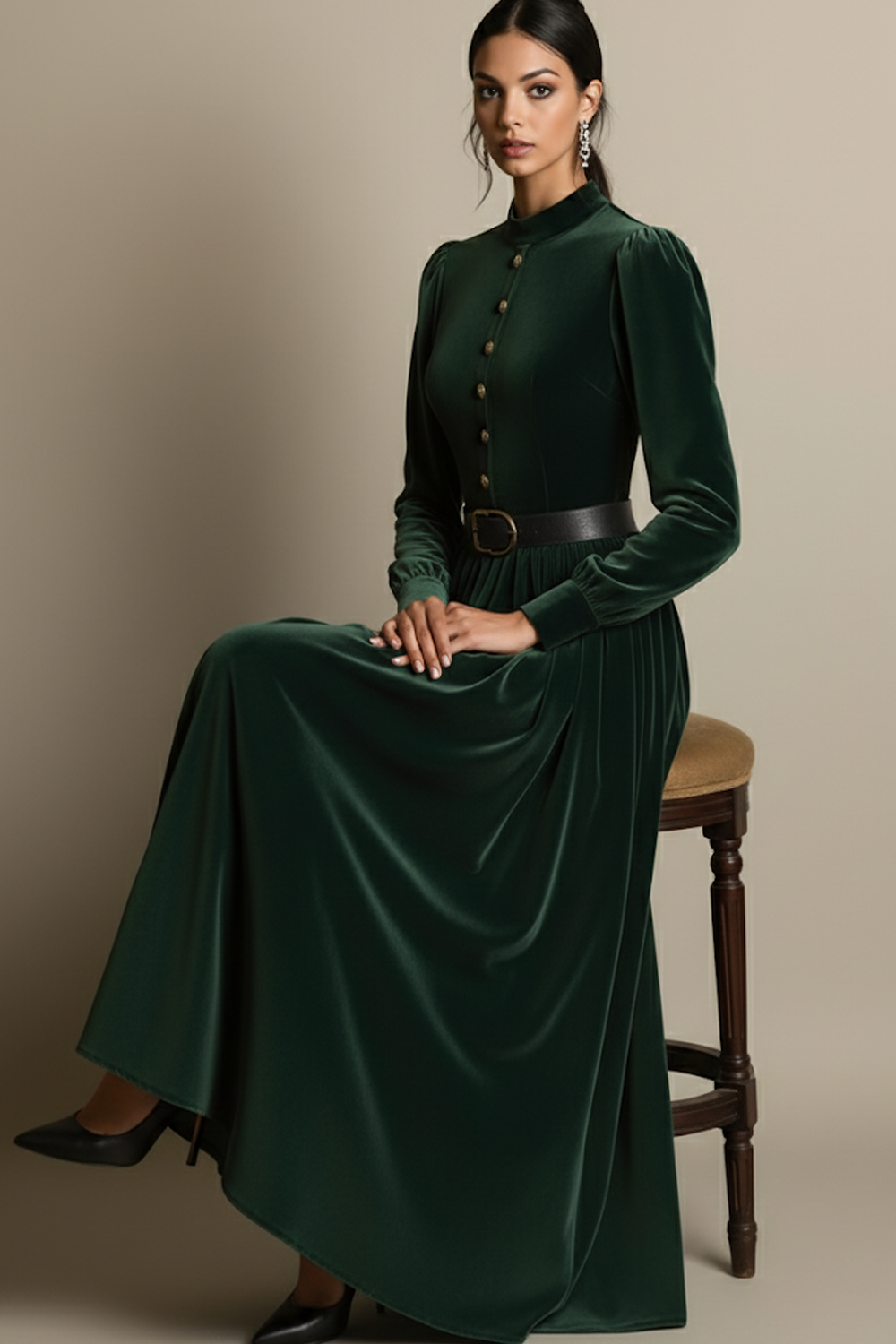 Dark Green A Line Velvet Long Holiday Party Dress with Belt