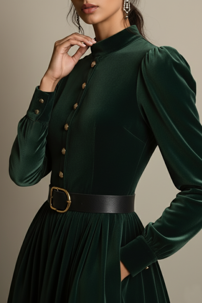 Dark Green A Line Velvet Long Holiday Party Dress with Belt