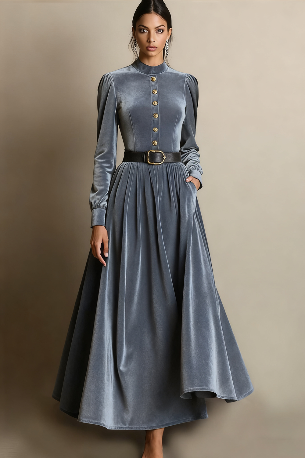 Dark Green A Line Velvet Long Holiday Party Dress with Belt