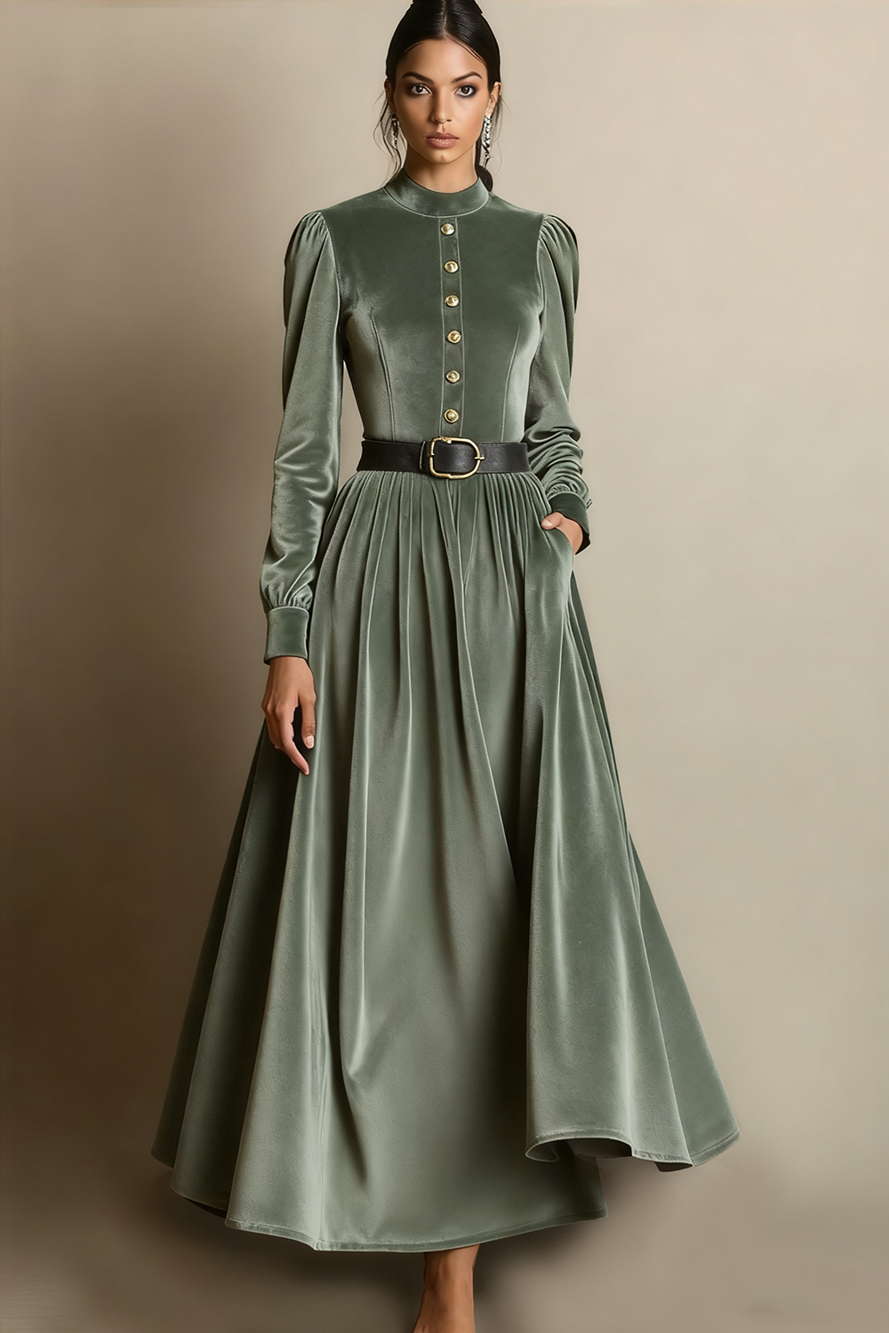 Dark Green A Line Velvet Long Holiday Party Dress with Belt
