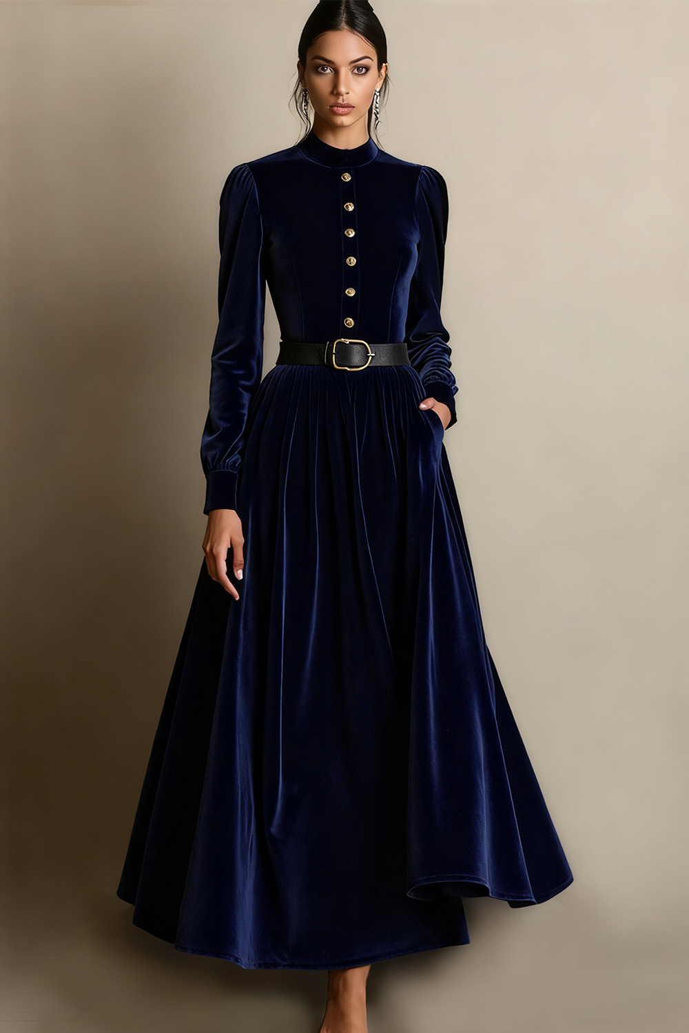 Dark Green A Line Velvet Long Holiday Party Dress with Belt