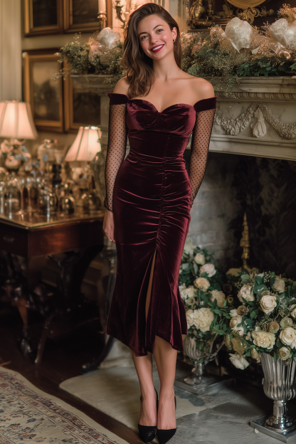 Leely Women Burgundy Midi Sheath Holiday Party Dress Ruched Velvet Off the Shoulder Formal Dress with Sleeves