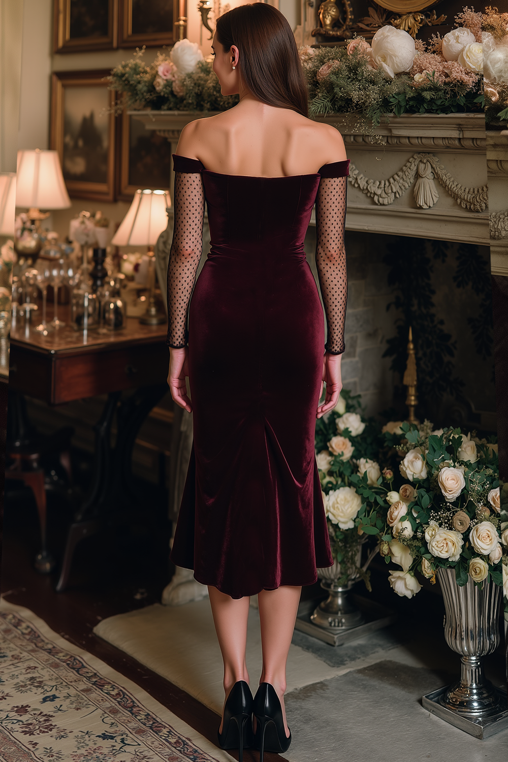 Burgundy Velvet Ruched Sheath Midi Holiday Party Dress with Sleeves