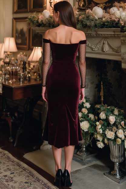 Burgundy Velvet Ruched Sheath Midi Holiday Party Dress with Sleeves