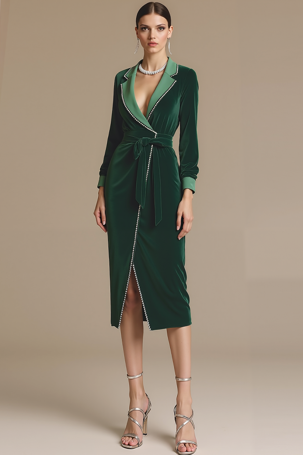 Leely Women Dark Green Wrap Beaded Velvet Midi Holiday Party Dress with Sash Notched Lapel Blazer Dress with Sleeves