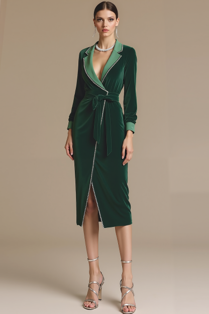 Leely Women Dark Green Wrap Beaded Velvet Midi Holiday Party Dress with Sash Notched Lapel Blazer Dress with Sleeves