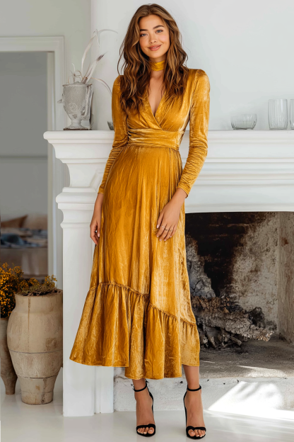 Leely Women Golden Velvet Maxi Holiday Party Dress with Sleeves A Line V-Neck Evening Dress