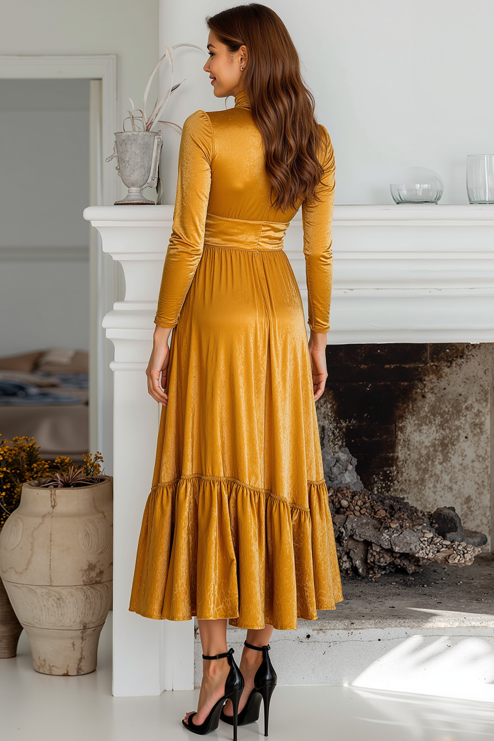 Golden A Line Velvet Maxi Holiday Party Dress with Sleeves
