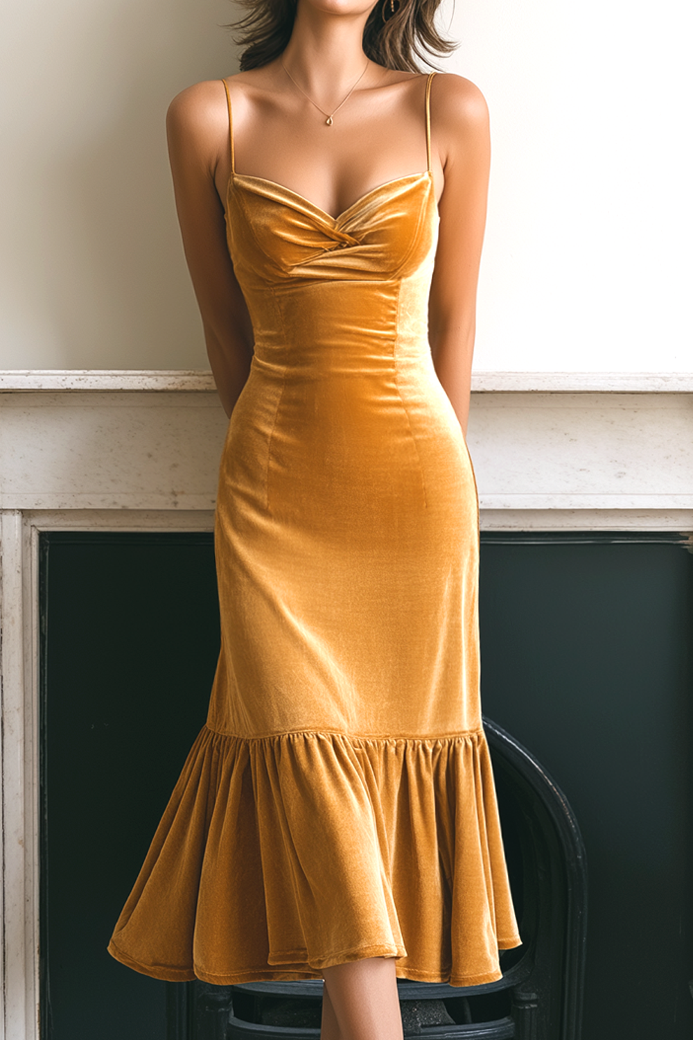 Yellow Velvet Spaghetti Straps Midi Holiday Party Dress