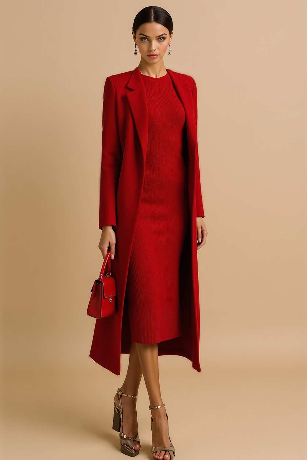 Leely Women Red Notched Lapel Blazer Coat Long Sleeves Work Dress