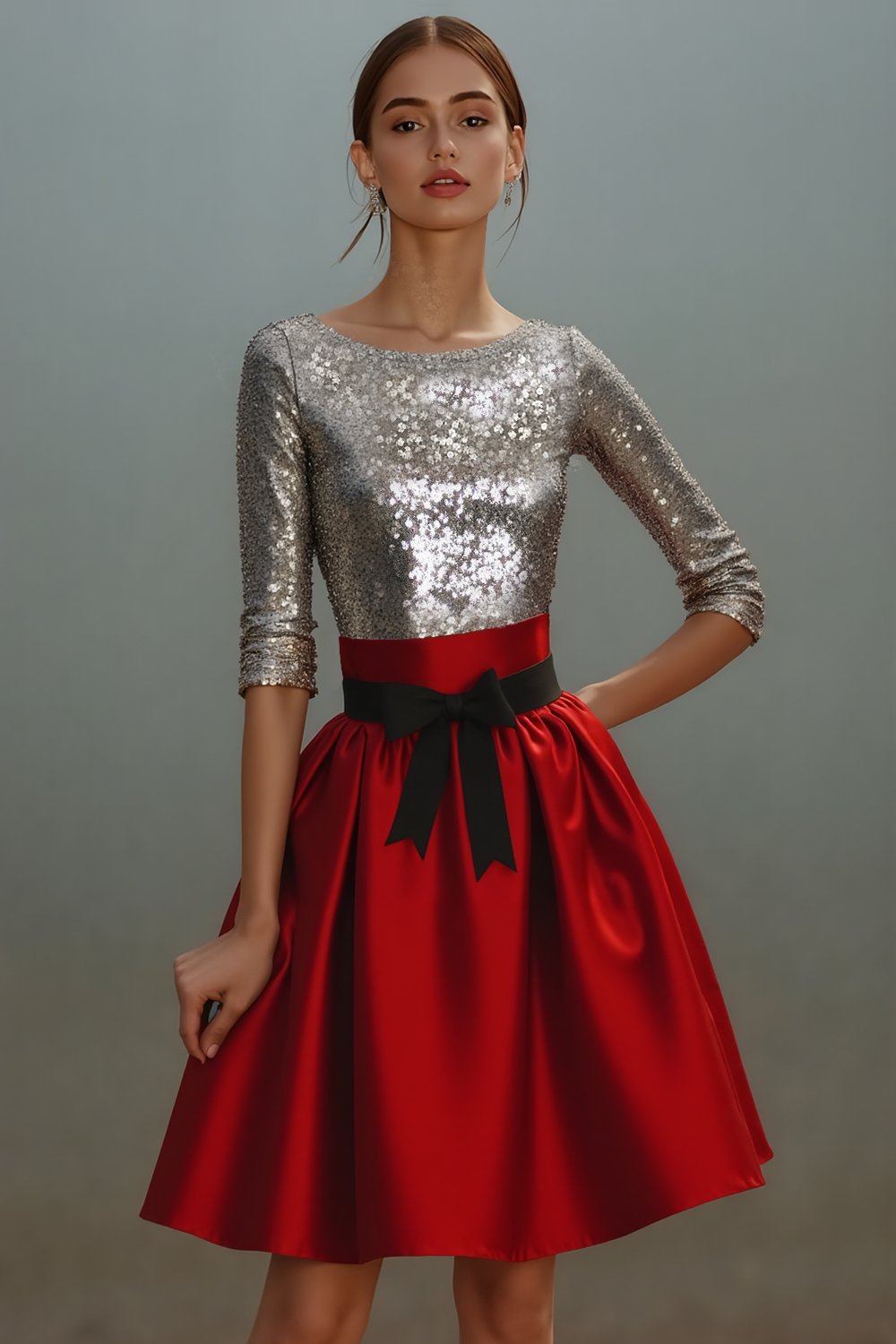 Leely Women Sparkly Sequin Red Sliver Short Cocktail Dress with Bow Boat Neck A Line Party Dress with Sleeves