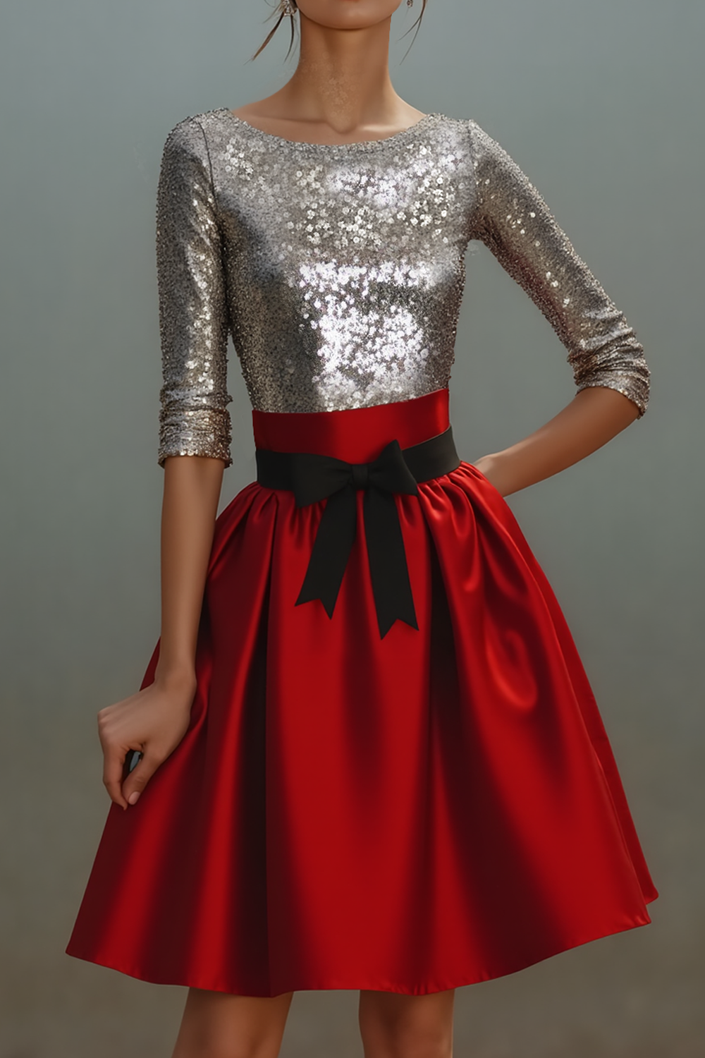 Sparkly Sequin Red Sliver Boat Neck Short Cocktail Dress with Bow
