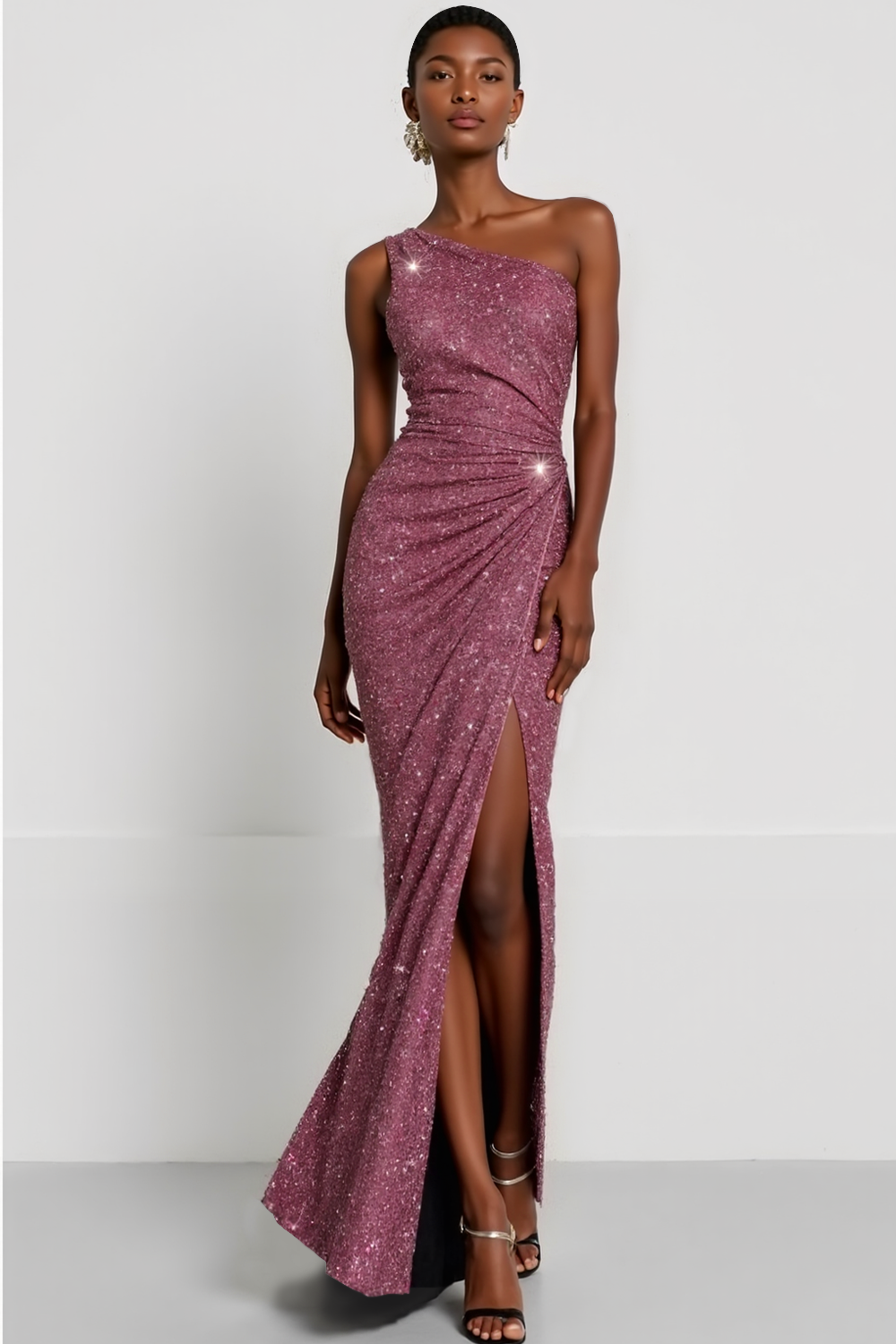 Sparkly Grape One Shoulder Ruched Sequin Gala Dress with Slit