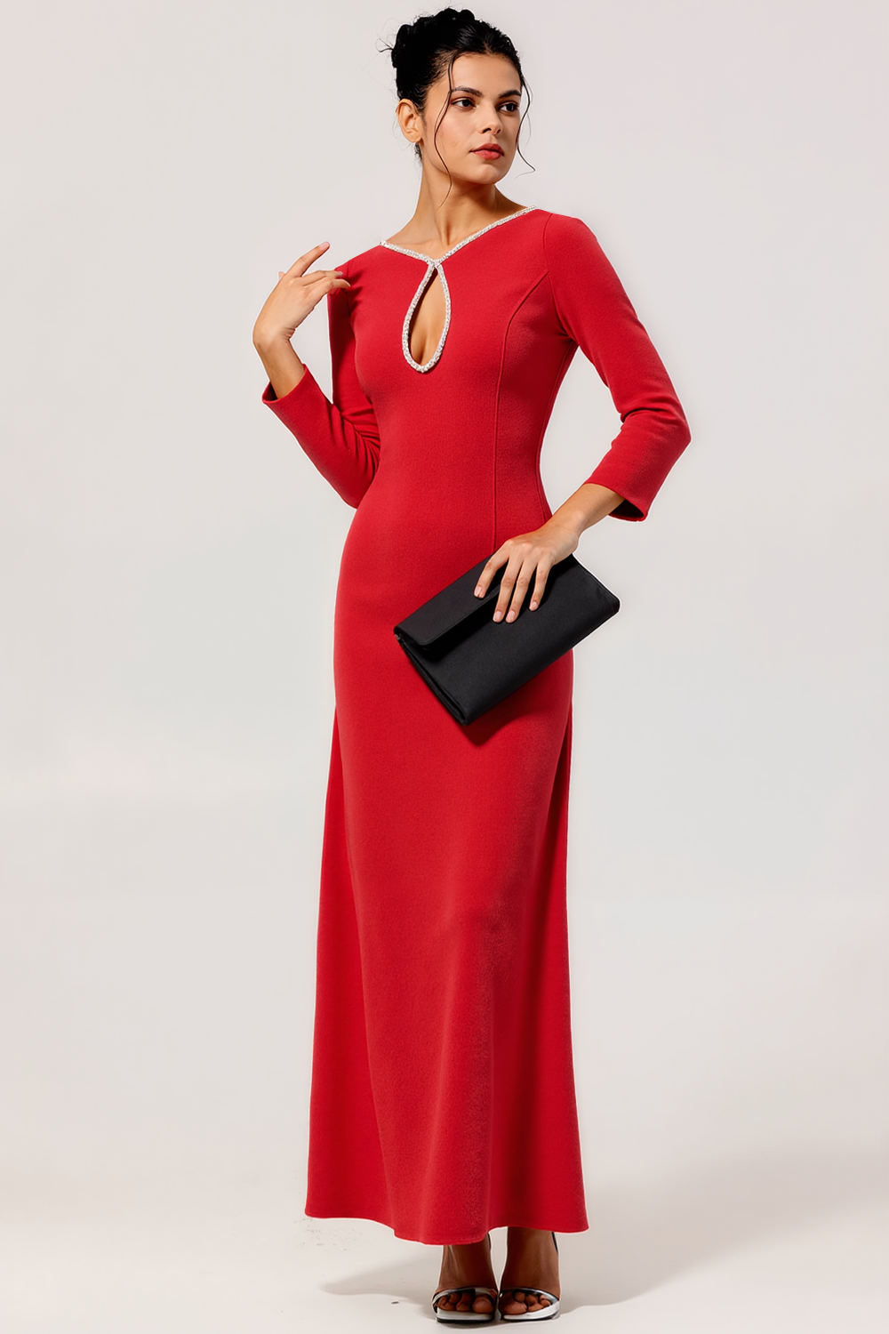 Leely Women Red Sheath Long Formal Dress with Sleeves Keyhole Evening Dress with Beading