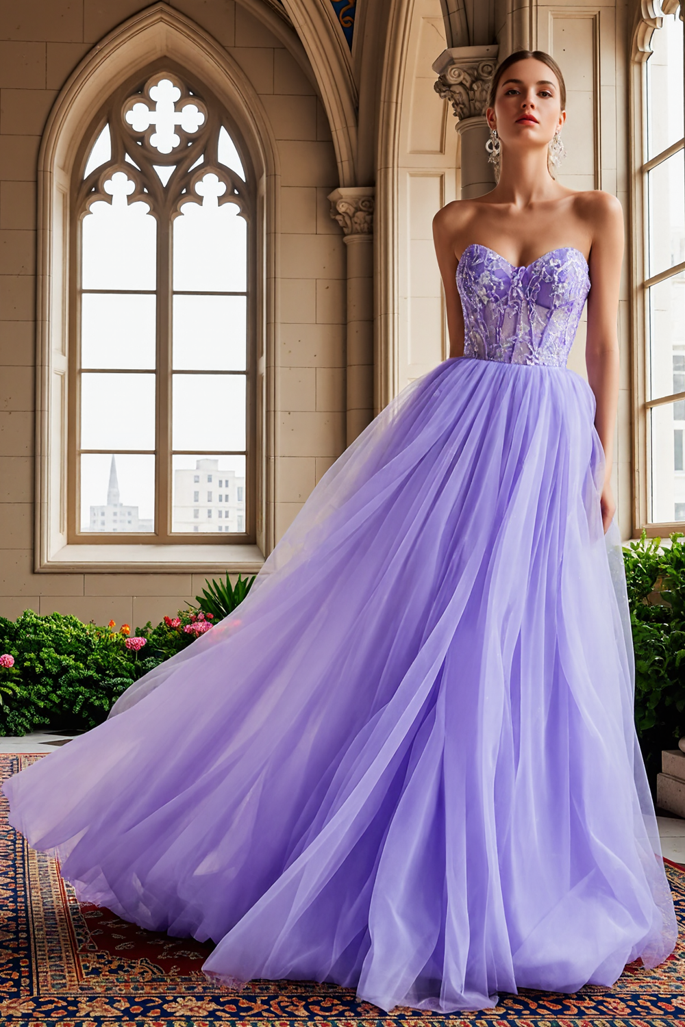 Leely Women Lilac Corset A Line Long Prom Dress Tulle Sweetheart Pageant Dress
