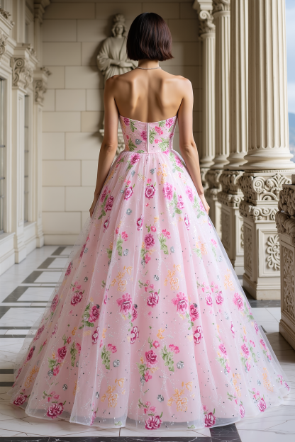 Sparkly Pink Sweetheart Floral Tulle Long Prom Dress with Embroidery