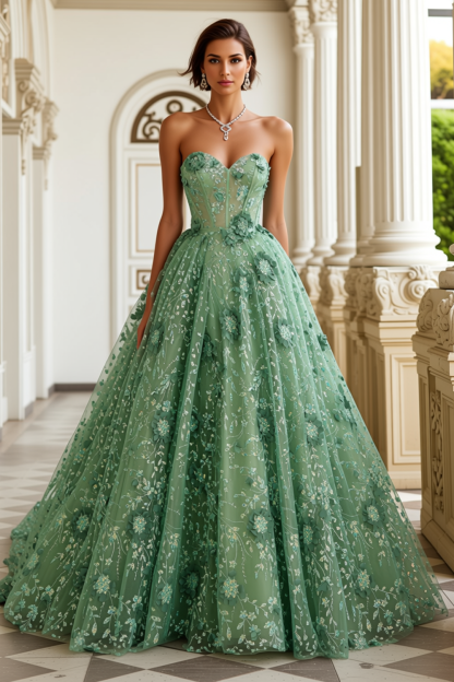 Leely Women Green Floral Long Corset Prom Dress Sweetheart A-Line Appliqued Pageant Dress