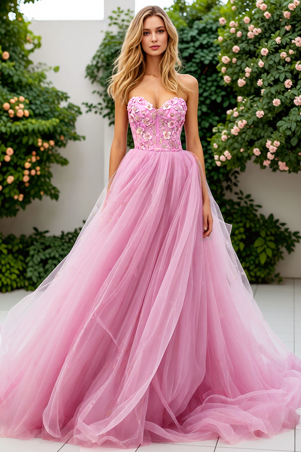 Leely Women Pink Corset Tulle Floral Long Prom Dress Strapless A-Line Appliqued Pageant Dress